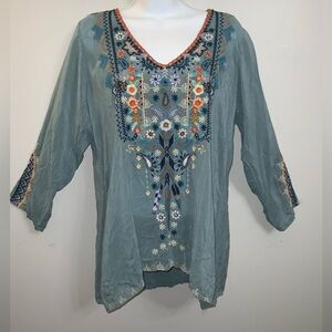 Johnny Was Floral Embroidered Teal Women's Blouse Sz M